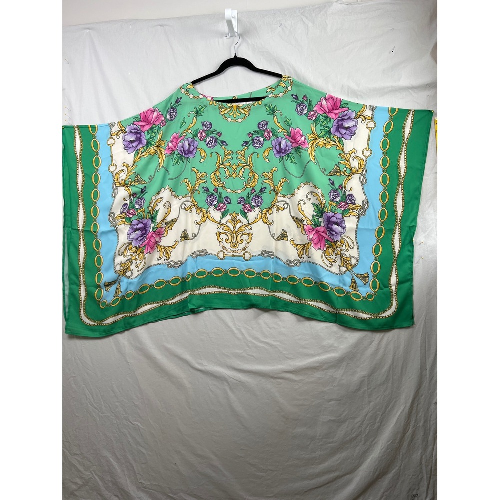 Belle Kim Gravel Poncho Top Women 3X Green Baroque Scarf Print Floral Kaftan